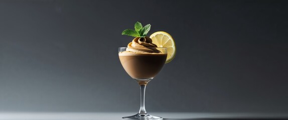 Delicious coffee dessert served in elegant glasses with lemon and mint garnish on gray background