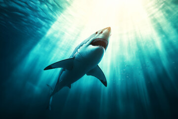 Fototapeta premium Majestic Great Shark Swimming in Crystal Clear Ocean with Sunlight Filtering Through Water