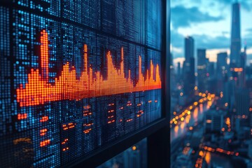Dynamic Stock Market Data Display Over Night Cityscape