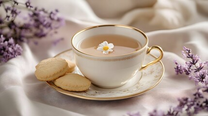 Obraz premium herbata, filiżanka, chamomile, lawendowy, cytrynowe ciasteczka, porcelana, złote akcenty, styl elegancki, delikatność, prostota, harmonia, ciepłe światło, relaks, luksus, inspiracja kulinarna, subteln