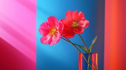 Obraz premium Vibrant blooms stand tall against a colorful backdrop. The flowers radiate life and beauty. Perfect for a fresh decor or artistic project. Generative AI