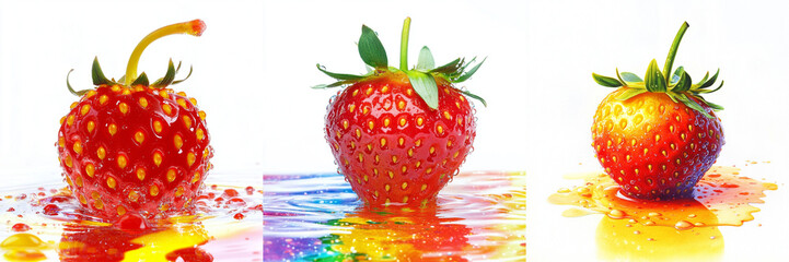 Set of Red strawberry with Yellow color sprinkled on the colorful water isolated on a transparent background