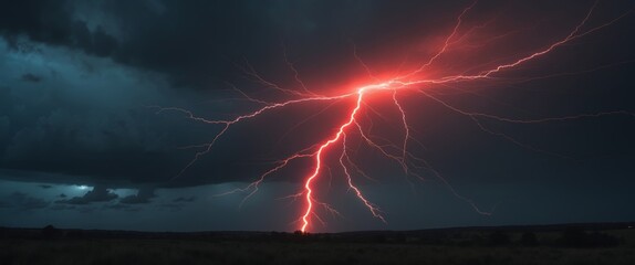 Striking red lightning bolt illuminates the dark sky