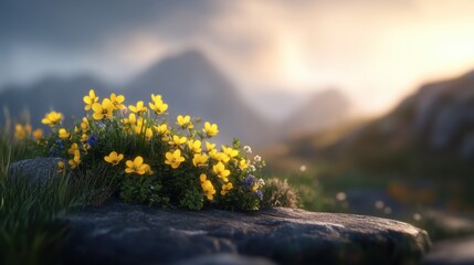 Obraz premium A vibrant cluster of yellow and purple wildflowers grows near a smooth stone, set against a softly blurred mountainous backdrop, Ideal for nature themes, gardening products, or outdoor activities,