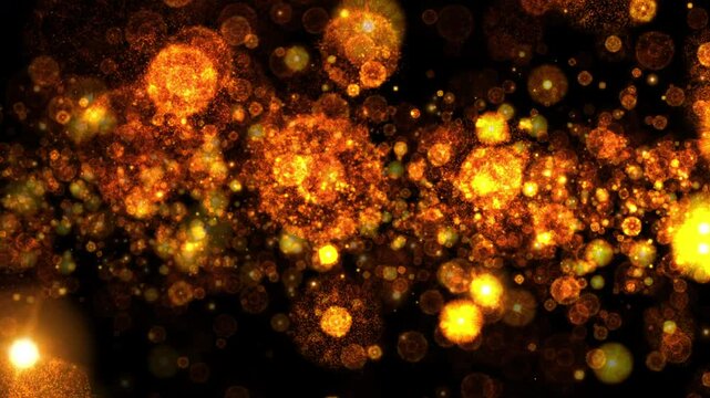 Loop Glow orange spark explosive bomb particles circle fire animation on black abstract background. 4K 3D animation of fiery orange glowing flying ember burning ash particles. 