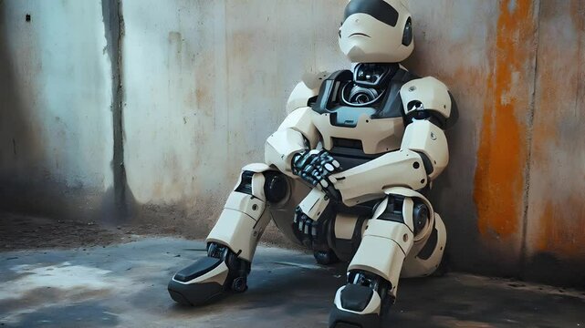 A humanoid robot sits against a wall in a pose of contemplation, showcasing modern technology and emotional expression in a gritty urban environment