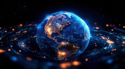 Obraz premium Digital Representation of Earth with Illuminated Cities and Abstract Network Background in a Conceptual Global Scene