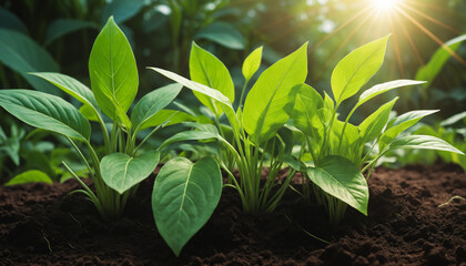 Young Green Plants Growing in Sunlit Soil – Symbol of Nature, Growth, and Vitality