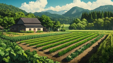 Sustainable farming practices with diverse crops and eco-friendly techniques, vibrant fields, and renewable energy systems promoting harmony with nature