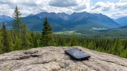 A smartphone rests on a large rock amidst a breathtaking landscape of mountains and lush forests, ideal for travel blogs, outdoor adventure promotions, or technology in nature themes,