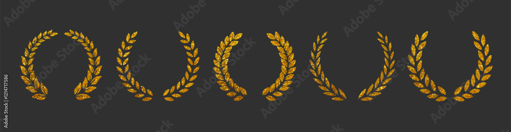 Sticker vector gold laurel wreath set. golden laurels branches with abstract glitter shiny pattern texture. 