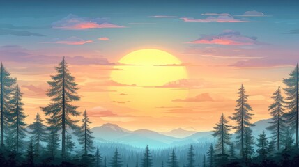 A serene sunset over a mountainous landscape features tall pine trees silhouetted against vibrant sky colors, This image is perfect for nature-related projects, backgrounds, or travel promotions,
