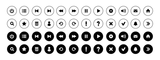 Collection of white and black buttons for mobile application, web development, casual games, ui kit design. Vector isolated icon set