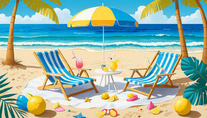 beach chairs and umbrella - flat isolated vector concept depicted summer vacation. Beach surrounded by resort items like palms beach chair cocktail