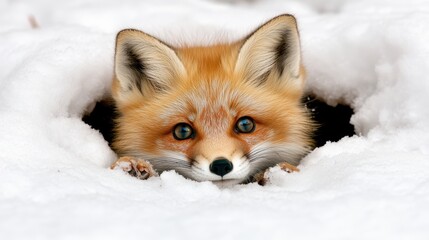 Obraz premium A curious fox peeks out from a snowy burrow, showcasing its stunning fur and expressive eyes, This captivating image can be used for wildlife articles, nature blogs, or winter-themed projects,