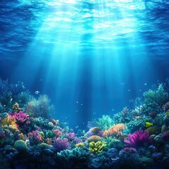 Naklejka premium A vibrant underwater scene showcasing colorful corals illuminated by soft beams of sunlight filtering through the water's surface.