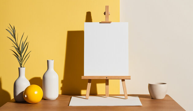 easel with blank canvas on yellow background, perfect for art-related content and workshops