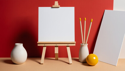 easel with blank canvas on red background, perfect for art-related content and workshops