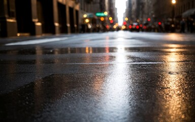 Lights and shadows of New York City. Soft focus image of NYC streets after rain with reflections on...