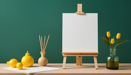easel with blank canvas on green background, perfect for art-related content and workshops