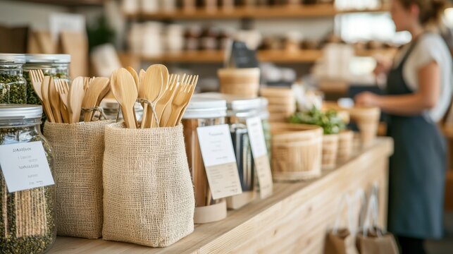 A product display table at a sustainable business fair, featuring eco-friendly packaging, bamboo utensils, and handmade goods, informational cards detailing ethical sourcing and production, attendees