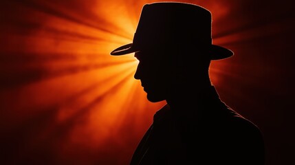 A man’s shadowy figure, defined by his hat, is outlined by a dramatic glow, evoking intrigue against the bright background.