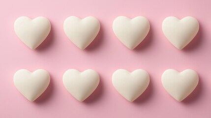 Fototapeta premium Valentine's day background gradient minimal. Eight white heart shapes on a soft pink background.