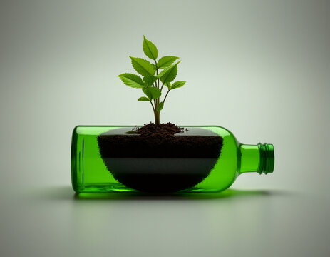 Green plastic bottle with growing plant on white background. Copy space. AI generative.