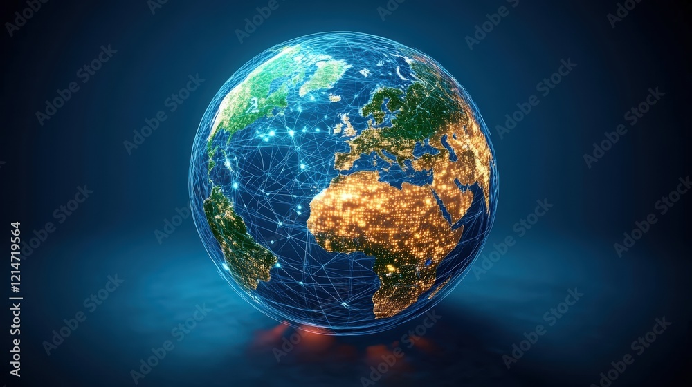 Poster digital globe centered in a futuristic world with illuminated continents and connection lines repres