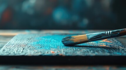 Fototapeta premium A close-up of a paintbrush resting on a canvas with vibrant blue paint, This image captures the essence of creativity and artistry, suitable for blogs, art classes, and creative projects,