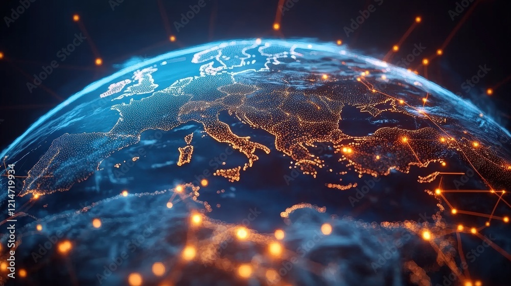 Poster digital world globe visualization with network connections and tech elements in dark background for 