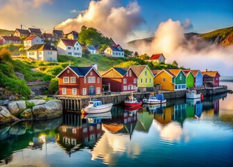 Naklejka premium Tranquil Coastal Village Morning: Colorful Houses & Misty Harbor