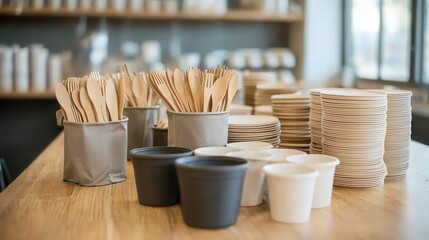 An educational workshop setting with a table displaying sustainable products like bamboo utensils, glass bottles, and reusable bags, attendees listening to a speaker explaining eco-conscious