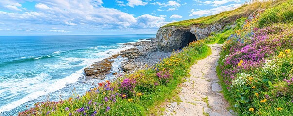 Obraz premium A remote coastal cliffside with a secret cave entrance, waves crashing below, and vibrant wildflowers growing along the rugged path, dramatic and enchanting