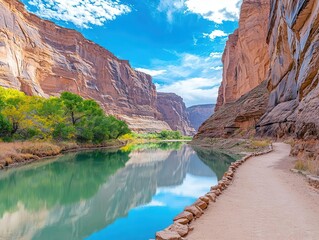 A secluded canyon with towering sandstone walls, a narrow trail leading to a hidden spring, soft reflections shimmering on the calm water below
