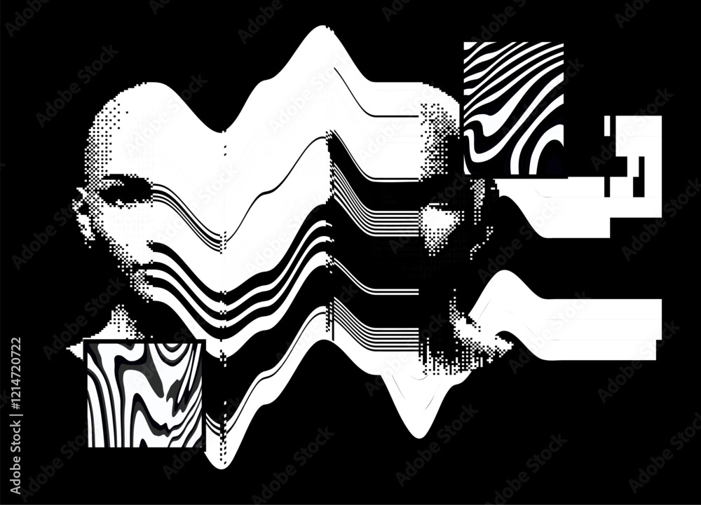 Leinwandbilder Glitched and decomposed image of a human face made of pixel particles and resembling a bar code. Conceptual image of an AI personage in a virtual reality.