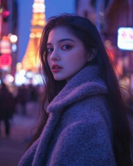 Fototapeta premium Woman in urban setting with vibrant nightlife.