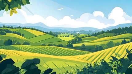 Breathtaking rolling green hills, vibrant fields beneath a blue sky, perfect for nature themes and tranquility.