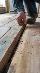 Worker repairing old wooden floorboards gap