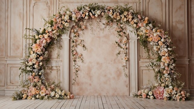 Maternity backdrop, wedding backdrop, photography background with arch of delicate flowers and vintage wall.