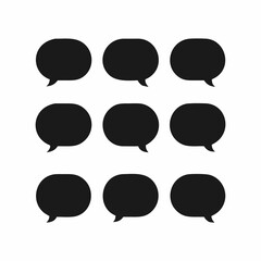 A clean and modern graphic of nine simple black speech bubbles arranged in a 3x3 grid against a pure white background.