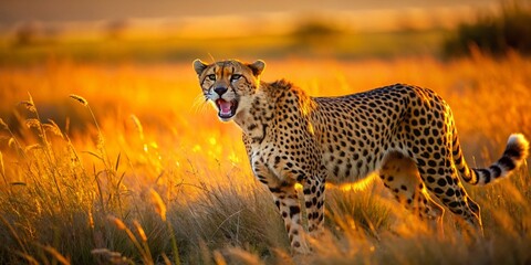Naklejka premium Aerial View of Cheetah with Open Mouth Roaring in African Savanna