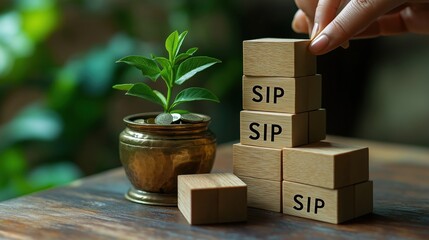 Wooden blocks build SIP investment plan. Small plant in pot shows growth. Money in pot represents investment. Illustration shows how SIP investment grows step by step. Financial planning concept.