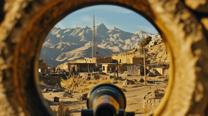 Looking through the rifle scope, a desert village appears in sharp focus, with the vast desert and towering mountains creating a stark, arid backdrop.