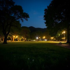 Tranquil Nighttime Park Scene with Softly Illuminated Landscape