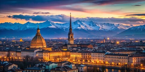 Fototapeta premium Turin Twilight: Mole Antonelliana & Snow-Capped Alps