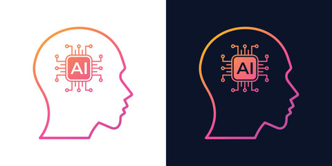Artificial Intelligence AI Chip in Human Head. Artificial Intelligence icon with Machine learning, digital skills, generative AI, AI technology, algorithm, virtual intelligence and future