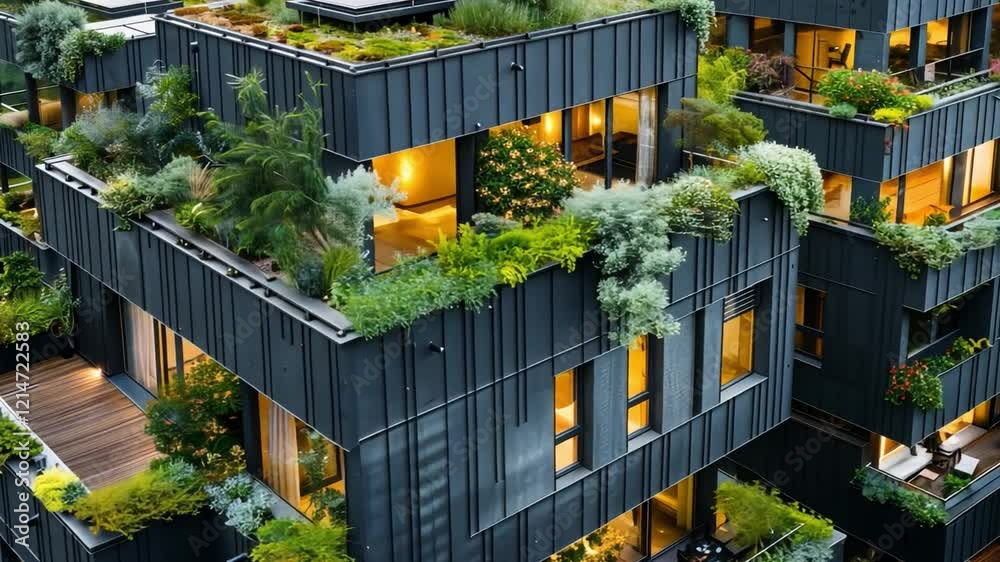 Aufkleber contemporary structures feature lush greenery on rooftops, promoting eco-friendly living. these home