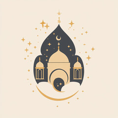 Fototapeta premium Elegant mosque silhouette with crescent moon and stars for islamic celebrations or card design