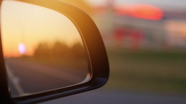 The sun is reflected in the mirror, evening road. View in the side rear view mirror of a red car driving along the highway